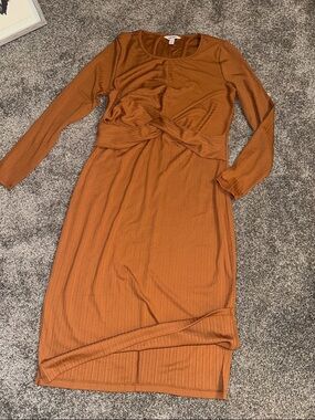 Nine West Rust Twist-Front Long Sleeve Midi Dress